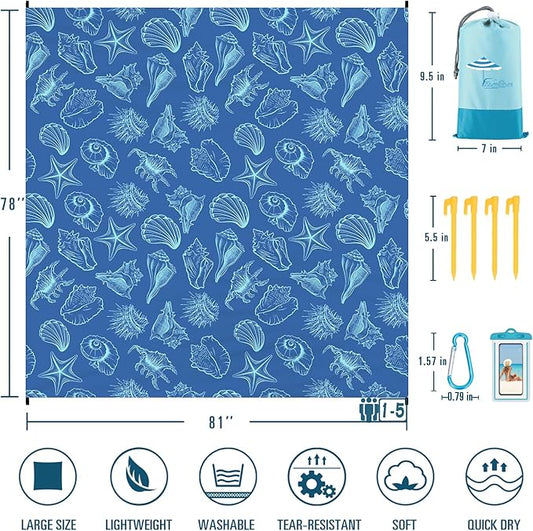 Beach Blanket Sandproof Waterproof 78''×81''1-5Adults Oversized,Compact Lightweight Durable Beach Mat for Travel Camping Hiking Picnic Blanket