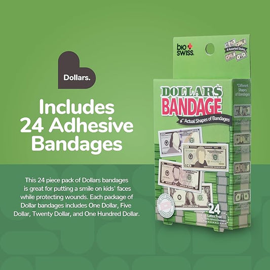 BioSwiss Bandages, Money Shaped Self Adhesive Bandage, Latex Free Sterile Wound Care, Fun First Aid Kit Supplies for Kids, 24 Count