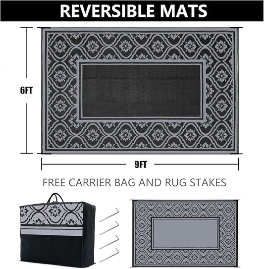 Outdoor Plastic Straw Rug, Waterproof Outdoor Rugs for Patios Clearance, Reversible Area Rug, Large Outside Carpet for Camping, Balcony, RV, Deck, Picnic, Beach (6x9ft Lantern/Black&Grey)