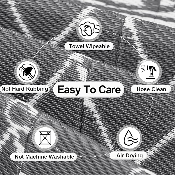 OutdoorLines Indoor Outdoor Rugs for Patio 9x12 ft - Reversible Outside Carpet, Stain & UV Resistant Portable RV Mats, Plastic Straw Rug for Camping, Pool Deck, Porch Rhombus Gray & White