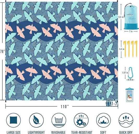 Beach Blanket Sandproof Waterproof 78''×110'' 1-7Adults Oversized,Compact Lightweight Durable Beach Mat for Travel Camping Hiking Picnic Blanket