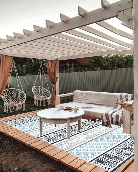 BalajeesUSA Outdoor Plastic Patio Rugs – 6x9, Grey, Teal, Durable and Affordable Multipurpose Woven Plastic Straw Recycled All-Weather and Waterproof Rug Reversible Camper Mats 7018