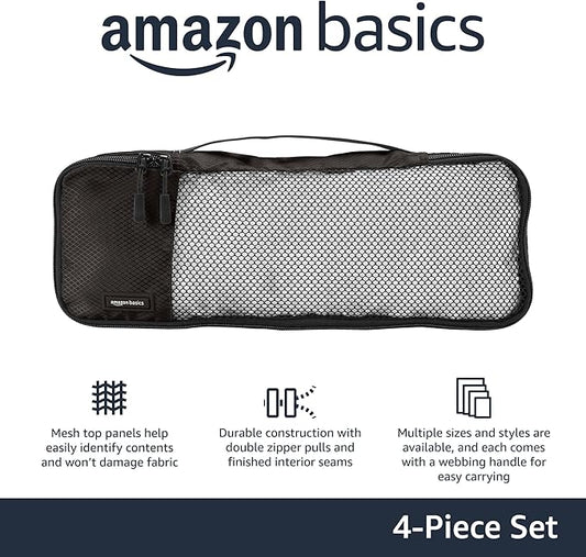 Amazon Basics Slim Packing Cubes for Travel, Packing Organizers, 4-Piece-Set With Double Zipper Pulls and Mesh Top Panel, 100% Durable Polyester, Black, 14"L x 5"W x 3"H