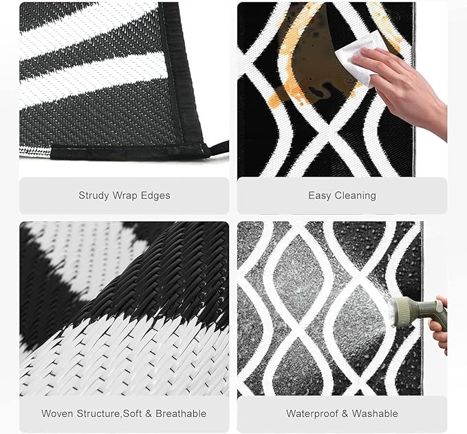 wikiwiki Outdoor Rug, 5x8ft Waterproof Reversible Mat Indoor Outdoor Rugs Carpet, Small Area Rug Plastic Straw Rug for Patio Deck Balcony Pool RV Camping Beach Picnic, Black & White, Rugscape Series