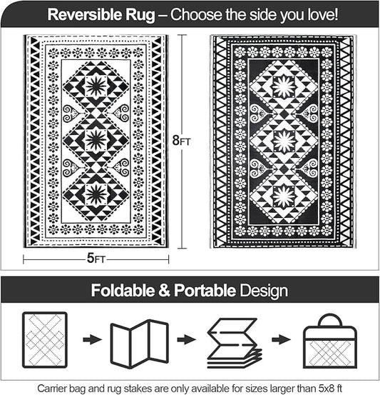 Waterproof Outdoor Rug 5x8ft, Reversible Plastic Straw Mat Rugs for Patio RV Deck Porch Backyard Balcony Camping Picnic Beach Indoor Outdoor Carpet, Black&White