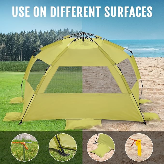 WhiteFang Deluxe Pop Up Beach Tent Sun Shade Shelter for 3-4/5-6 Person, UV Protection, Extendable Floor with 3 Ventilating Windows Plus Carrying Bag, Stakes, and Guy Lines
