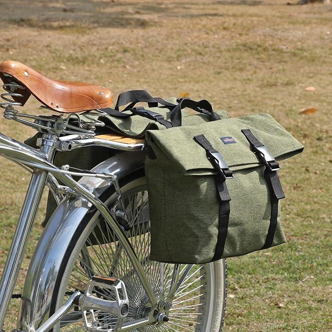 TOURBON Nylon Double Pannier Shoulder Bags Bicycle Rear Rack Trunk Motorcycle Tail Seat Bag - Green