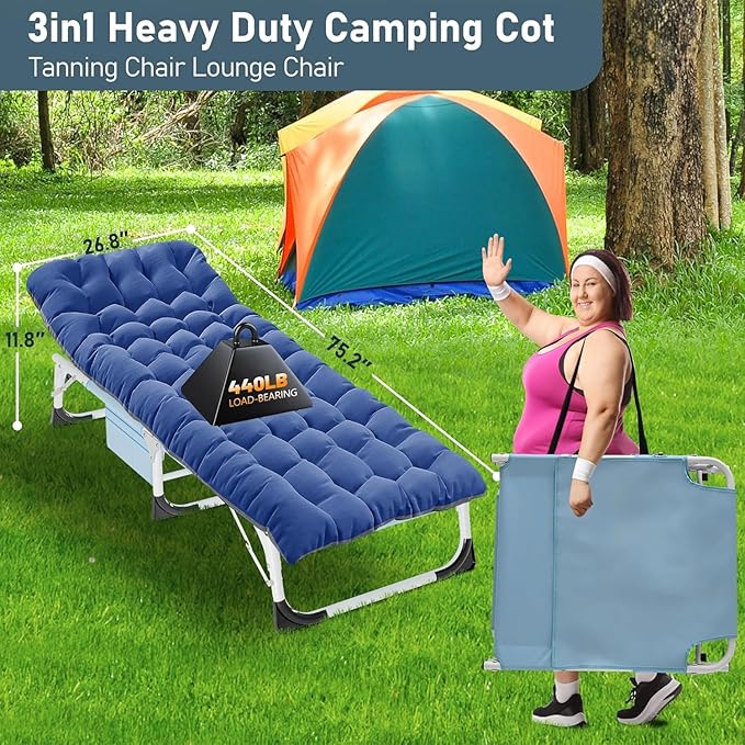 ABORON Folding Camping Cot for Adults, Heavy Duty 3-in-1 Bed for Guest Sleeping, Adjustable Double-Layer 1200D with Mattress & Carrying Bag for Home, Office, Vacation, Hospital Use