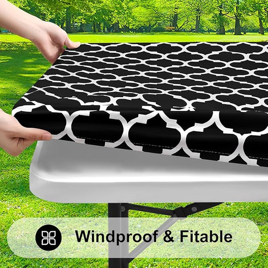 Smiry Rectangle Picnic Table Cover, Waterproof Elastic Fitted Camping Tablecloths for 4 Foot Tables, Wipeable Flannel Backed Vinyl Tablecloth Protector for Indoor, Outdoor (Black, 24x48 Inches)