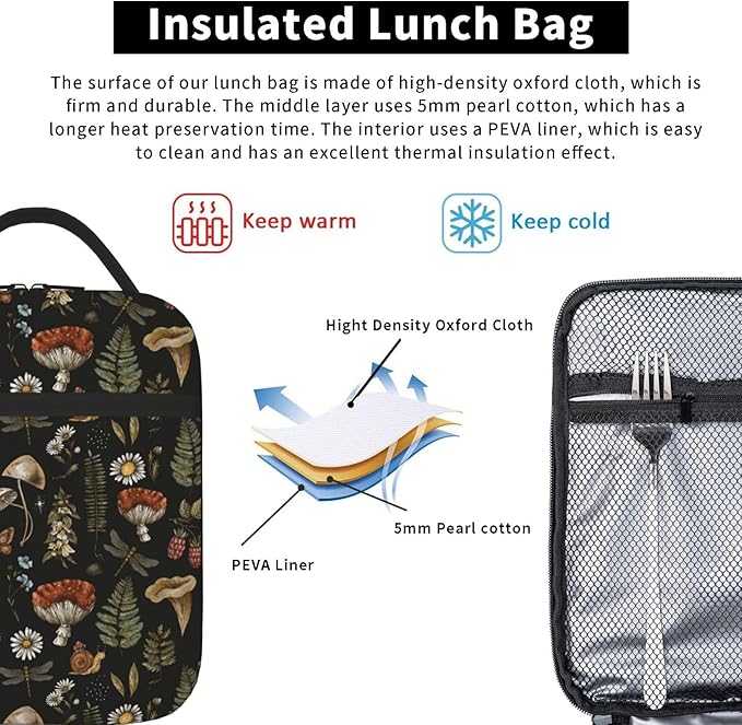 Vintage Witchcraft Mushroom Insulated Lunch Bag Reusable Cooler Lunch Box Portable Leakproof Thermal Container Tote Bags for Girls Boys School Travel