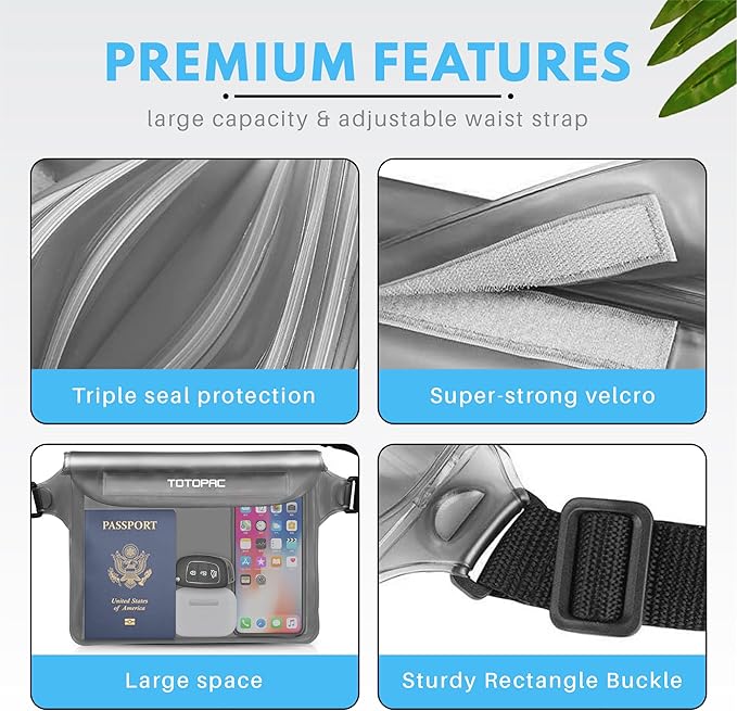 2-Pack Waterproof Fanny Pack, Phone Pouch with Waist Strap, 9x6.7 Inch Dry Bag for Phone, Cash, and Valuables – for Swimming, Kayaking, Boating, Snorkeling, and Water Sports (2, Grey + Grey)