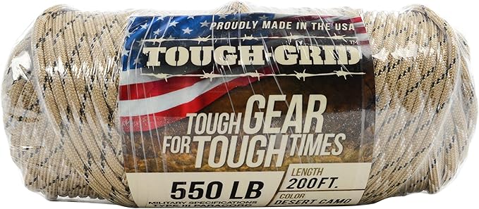 TOUGH-GRID Premium Desert Camo Paracord 550 lbs Made in USA Outdoor Survival Nylon Rope Tactical Heavy Duty Strands Parachute Cord Used by US Military Type III Mil-Spec