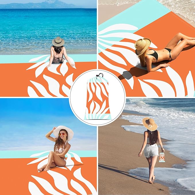 Beach Blanket Waterproof Sandproof Oversized, 9 Ft X 10 Ft Extra Large Sand Free Beach Mat with 4 Stakes, Compact Outdoor Essentials with Storage Bag for Beach, Picnic, Camping, Travel