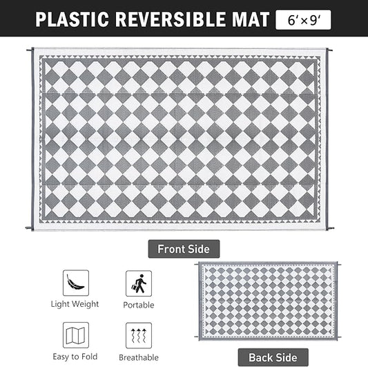 Outdoor Waterproof Rug 6'x9' Plastic Straw Rugs Washable Reversible Floor Mat Grey Plaid Carpet for Camping RV Deck Entryance Porch Picnic Balcony Beach Backyard