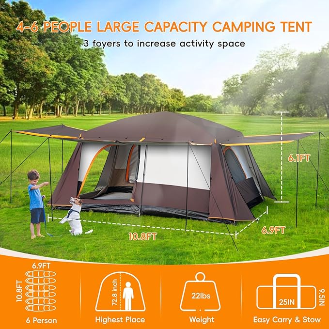Camping Tent 4-6 Person, Double Layer, Multi-Room Family Cabin Tents with 3 Doors, Mesh Windows, Rainfly & Windproof, Large Waterpoof Tents for Outdoor Camping Hiking Picnic Gathering