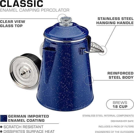 COLETTI Classic Percolator Coffee Pot — Camping Coffee Percolator, Campfire Coffee Pot – Camping Percolator for Groups — Brew for the Whole Campsite (Blue, 18 Cup)