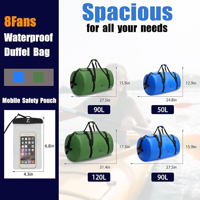 8 Fans Extra Large Waterproof Duffle Bag,Heavy Duty Travel Dry Bag with Durable Straps & Handles, Ideal for Kayaking,Paddleboarding,Boating,Rafting,and Fishing (Green, 90L)