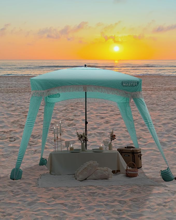 OutdoorMaster Beach Cabana with Fringes, Portable 6' x 6' Beach Canopy for Sand, Easy Set Up Sun Shelter, Included Side Wall, UPF 50+ UV Protection Sun Umbrella - for Family & Friends -Stripes