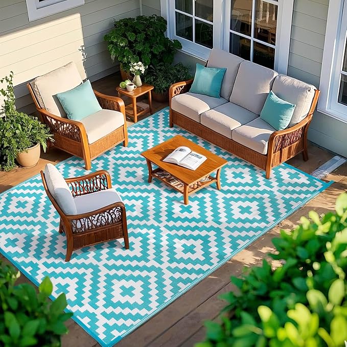 Outdoor Patio Plastic Straw Rug - 6'x9' Outdoor Camping Rug Waterproof Reversible, Area Carpet Patios Clearance RV, Outside Porch Balcony Deck for Camper, Blue & White