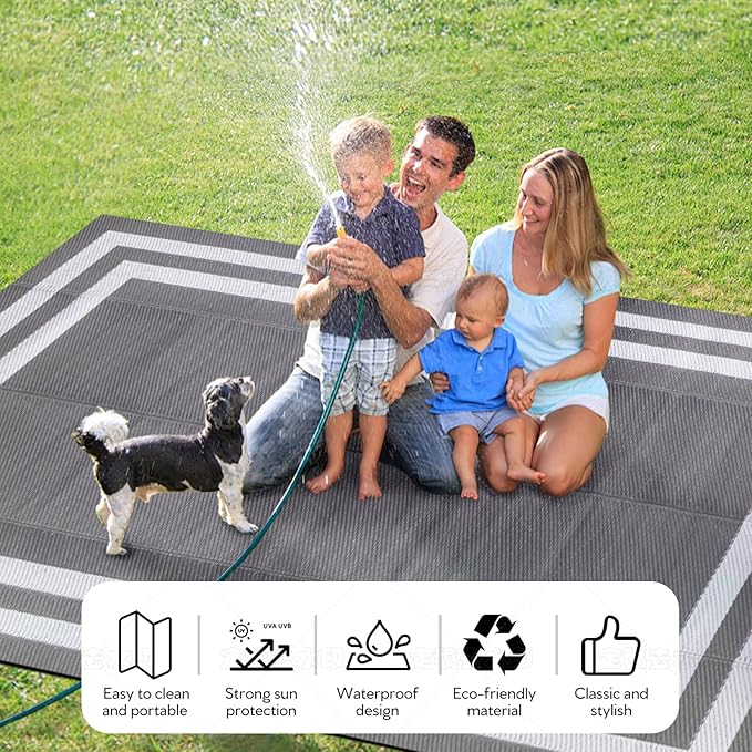 8'x 10' Outdoor Rug,Waterproof Reversible Patio Rugs,8x10 ft Plastic Straw Outdoor Carpet Foldable Plastic Camping Mat for Outside RV, Patio,Picnic,Camper,Balcony,Porch(Gray&White)