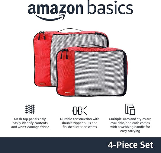 Amazon Basics Packing Cubes for Travel, Packing Organizers Set, 4-Piece-Set (2 Medium And 2 Large) With Double Zipper Pulls and Mesh Top Panel, 100% Durable Polyester, Red