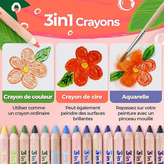 Gecko 3-in-1 Kids' Pencil Set | 48 Coloring Pencils with 2 Brushes, Sharpener, and Book for Ages 3 and Up | Ideal for Drawing, Pencil-Crayons, and Sets for Children