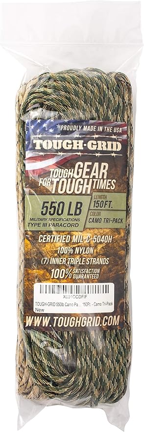 TOUGH-GRID Premium 550lb Paracord Rope - 150ft - Camo Tri-Pack - 100% Nylon Type III Mil-Spec - UV & Abrasion Resistant - Heavy Duty Strands - Outdoor Survival Rope - Used by US Military -Made in USA