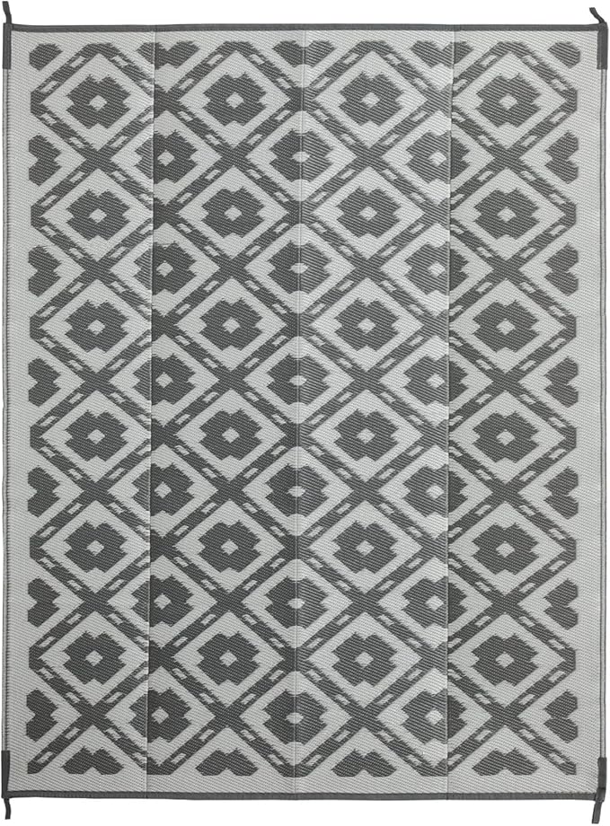 Waterproof Outdoor Rug 8x10 ft, Reversible Plastic Straw Rug, Easy to Clean Patio Rug, Portable Carpet for Patio, RV, Deck, Balcony, Backyard, Picnic, Beach, Square Dashed, Gray
