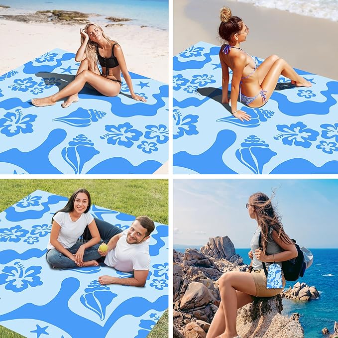 Beach Blanket Waterproof Sandproof, 78”x 86” Large Sand Free Beach Mat with 4 Stakes & Portable Bag, Big Flodable Compact Outdoor Picnic Blanket