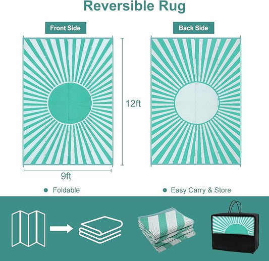 Wonnitar Waterproof 9x12 Outdoor Rug - Outdoor Plastic Straw Rug for Patio, Lightweight Extra Large RV Outside Camping Carpet, Portable Mat for Garden Balcony Beach (Blue-Green, 9'x12')