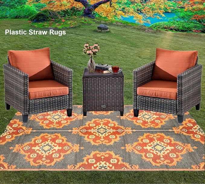 BalajeesUSA Outdoor Rugs – 6x9, Orange, Yellow, Grey, Patio Durable and Affordable, Multipurpose, Woven Plastic Straw, All-Weather and Waterproof Rug, Reversible Camper mats, Recycled
