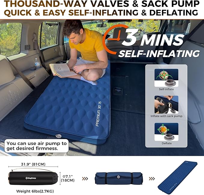 KingCamp Premium 3D Self-Inflating Camping Sleeping Pad Mattress Comfortable 3 “Thick Portable Lightweight Double Single R-Value 6.1 Warm for Winter Camping Indoor Outdoors Single-Navy