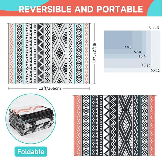 Outdoor Rugs Patio Camping Waterproof - 9x12 Plastic Straw Patio Rug Portable for Campers, Outside RVs Mat, Outdoor Area Carpet for Patios Clearance, Backyard Porch, Balcony, Picnic