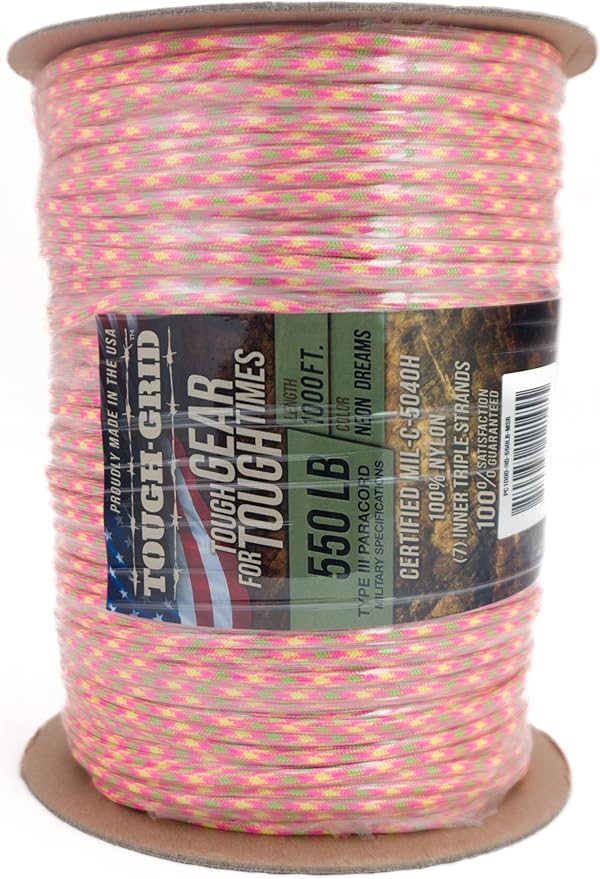 TOUGH-GRID Premium 550lb Paracord Rope - 1000Ft White - 100% Nylon Type III Mil-Spec - UV & Abrasion Resistant - Heavy Duty Strands - Outdoor Survival Rope - Used by US Military - Made in USA