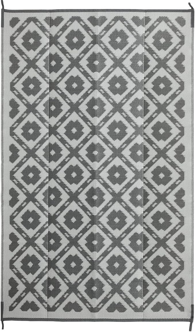 Waterproof Outdoor Rug 5x8 ft, Reversible Plastic Straw Rug, Easy to Clean Patio Rug, Portable Carpet for Patio, RV, Deck, Balcony, Backyard, Picnic, Beach, Square Dashed, Gray