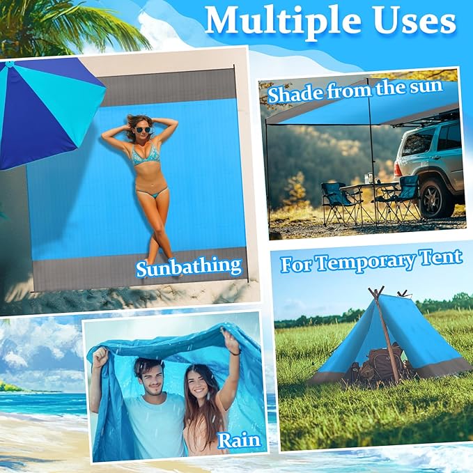 Large Beach Blanket Sandproof - 1PCS Beach Mat Picnic Blanket for Holiday Traval Beach Vacation Picnic Camping Hiking Lightweight with 4 Metal Stakes 1 Drawstring Pocket and 1 Carabiner