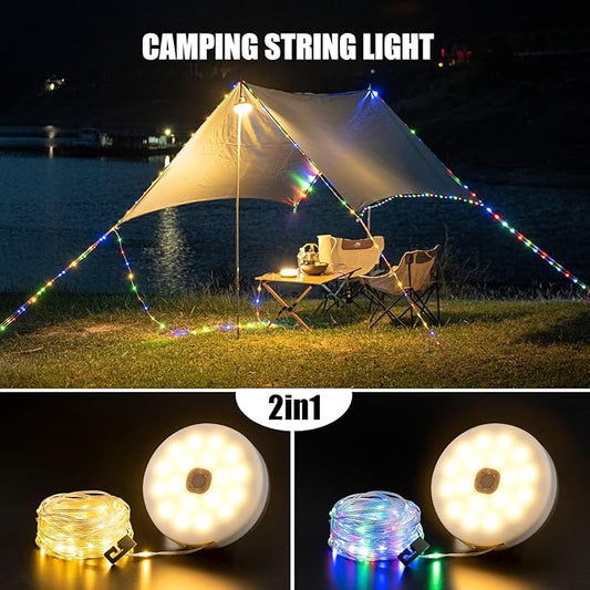 Solar Camping String Lights, 4 in 1 Camping String Lights Outdoor(39.4ft) with 8 Lighting Modes, Solar Powered and USB Rechargeable Light with Remote Control for Camping, Yard and Hiking