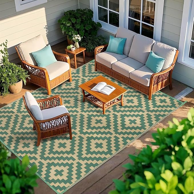 Outdoor Patio Plastic Straw Rug - 5'x8' Outdoor Camping Rug Waterproof Reversible, Area Carpet Patios Clearance RV, Outside Porch Balcony Deck for Camper, Green & Yellow