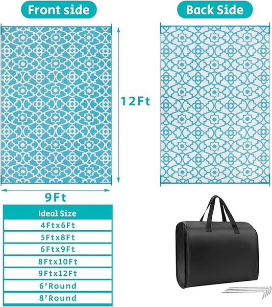 HEBE Outdoor Rug 9'x12' for Patios Waterproof Clearance Reversible Patio Mat Plastic Straw Rug RV Camping Mat Outside Area Rug Carpet for Camping RV,Porch,Deck,Balcony,Camper,Backyard