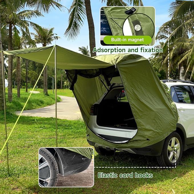 SUV Tailgate Tent,KOMCLUB Car Camping Tent with Awning Shade Waterproof Roof Canopy Green Hatchback Car Tent for Outdoor Travel Preferred,Universal Fit Most SUV,Tarp Poles+Tent Stakes+Reflective Ropes