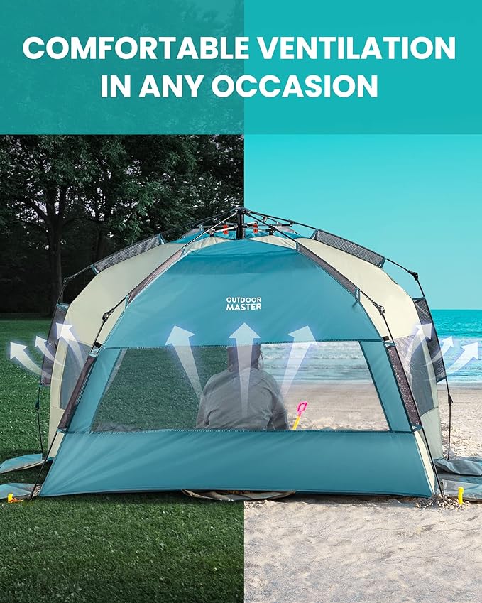 OutdoorMaster Beach Tent for 3-4 Person - Easy Setup and Portable Beach Shade Sun Shelter Canopy with UPF 50+ UV Protection Removable Skylight Family Size