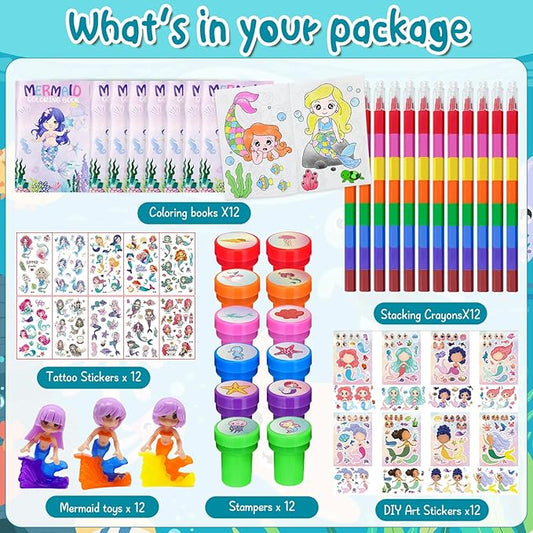 72 Pcs Mermaid Coloring Book with Crayons Party Favors Set, Under the Sea Party Pinatas Goodie Bag Fillers, Ocean Birthday Party Supplies Craft DIY Kit Face Stickers Tattoo for Underwater Party