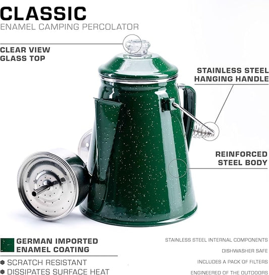 COLETTI Classic Percolator Coffee Pot — Camping Coffee Percolator, Campfire Coffee Pot – Camping Percolator for Groups — Brew for the Whole Campsite (Green, 12 Cup)