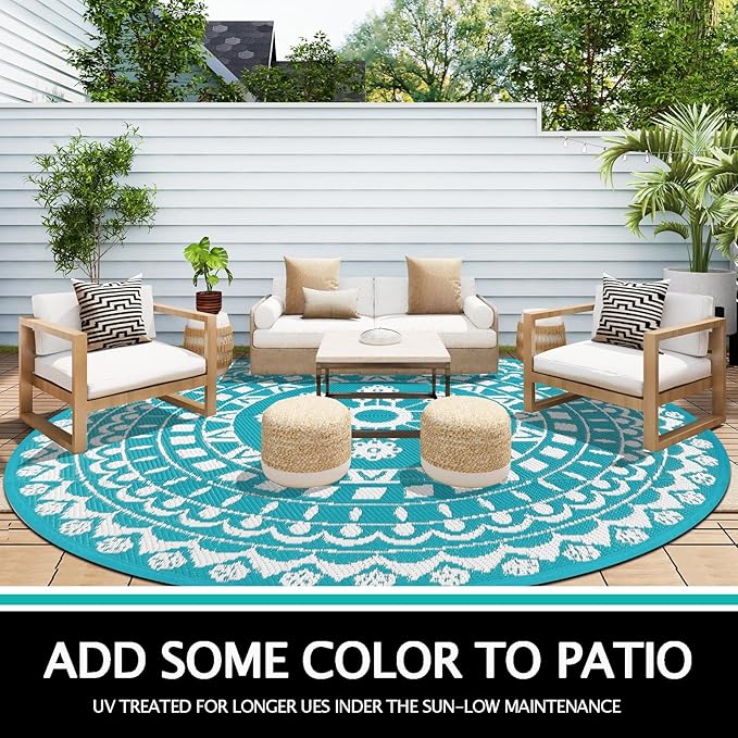 Capslpad 8Ft Round Outdoor Rug for Patio Clearance Boho Reversible Mat Waterproof Outdoor Plastic Straw RV Camping Rug Outside Circle Area Rug for Porch Deck Terrace Picnic Beach Apartment, Teal