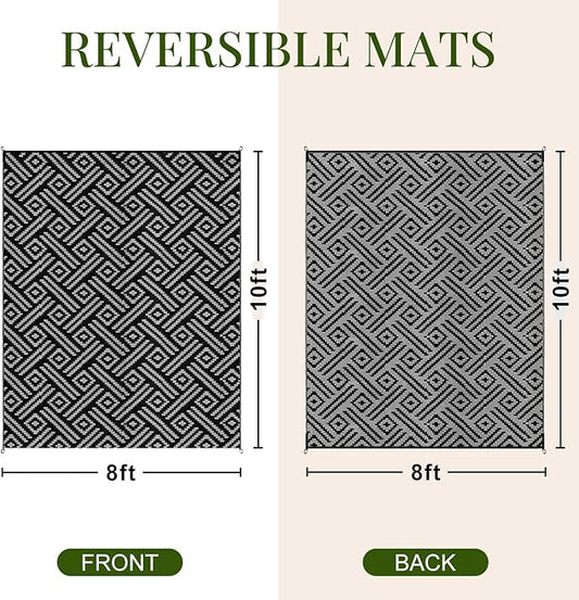 OPPODREAM Outdoor Rug 8x10 Patio Waterproof, Large Outdoor Plastic Straw Rug, Reversible Out Door Carpet for Camping, Deck, Rv, 8 x 10 Area Carpet for Balcony, Porch, Backyard, Black and Grey