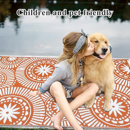 Ileading Outdoor Plastic Straw Rug 5x8ft Modern Geometric Style Reversible Patio Area Rugs Waterproof Non Shedding Portable Carpets for Rv Outside Deck Pool Beach Picnic Camping (Orange)