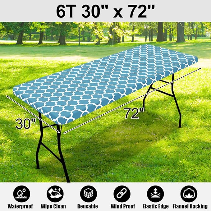 Smiry Rectangle Picnic Table Cover, Waterproof Elastic Fitted Camping Tablecloths for 6 Foot Tables, Wipeable Flannel Backed Vinyl Tablecloth Protector for Indoor, Outdoor (Light Blue, 30x72 Inches)