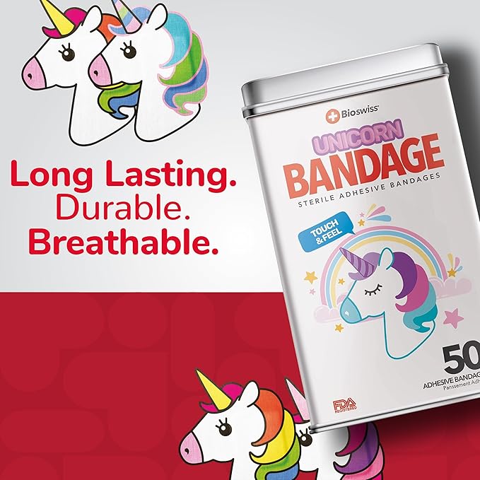BioSwiss Bandages, Unicorn Shaped Self Adhesive Bandage, Latex Free Sterile Wound Care, Fun First Aid Kit Supplies for Kids, 50 Count