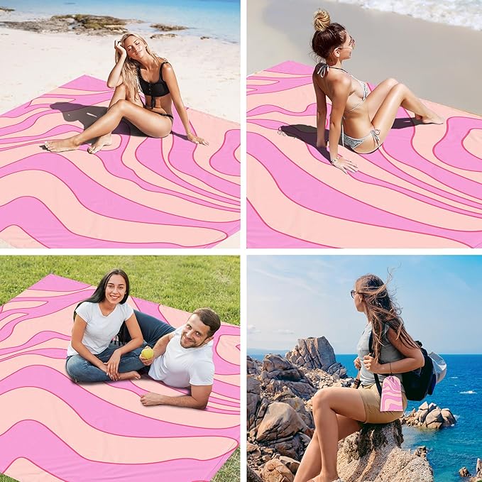 Beach Blanket Sandproof Waterproof, 78''×86'' Large Pink Picnic Blanket with 4 Stakes for 2-4 Adults, Lightweight Foldable Compact Sand Free Outdoor Mat with Portable Bag for Camping, Hiking, Travel