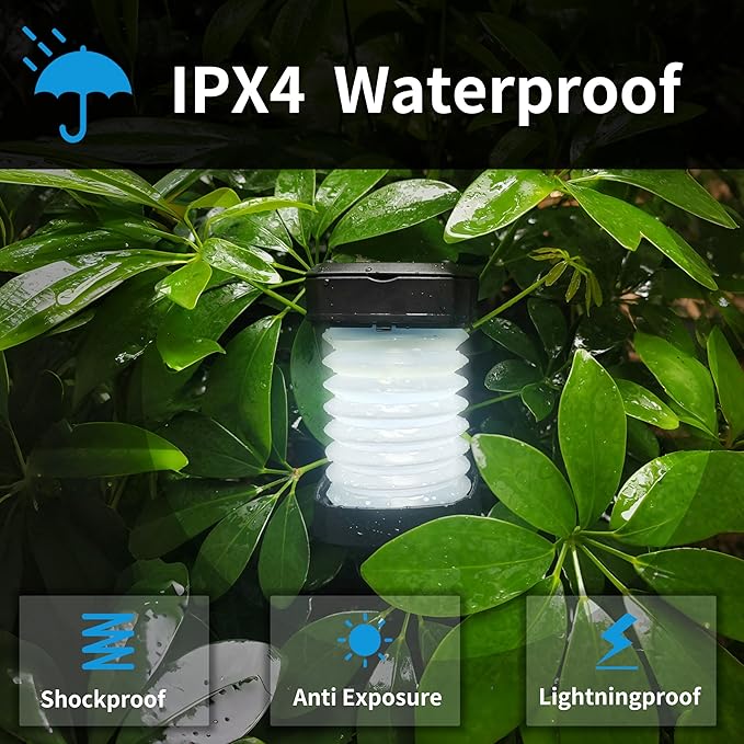 Solar Powered Lantern Flashlight,2-Pack Collapsible LED Camping Lantern,Portable USB Rechargeable Lamp for Power Outages,Emergencies,Hurricanes,Tent Lighting,Hiking,Backpacking Gear(Black)